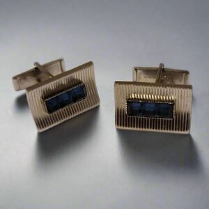 Vintage Pioneer Silver Tone Cufflinks – Rectangular Blue Stone MCM Design